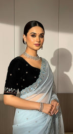 Evanik Skyblue Faux Georgette With Beads & Thread Work Saree With Unstitched Blouse | Grocsy