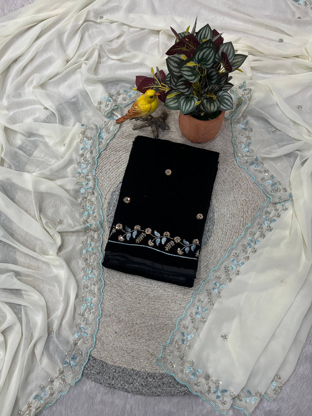 Evanik White Faux Georgette With Beads & Thread Work Saree With Unstitched Blouse | Grocsy