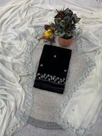 Evanik White Faux Georgette With Beads & Thread Work Saree With Unstitched Blouse | Grocsy