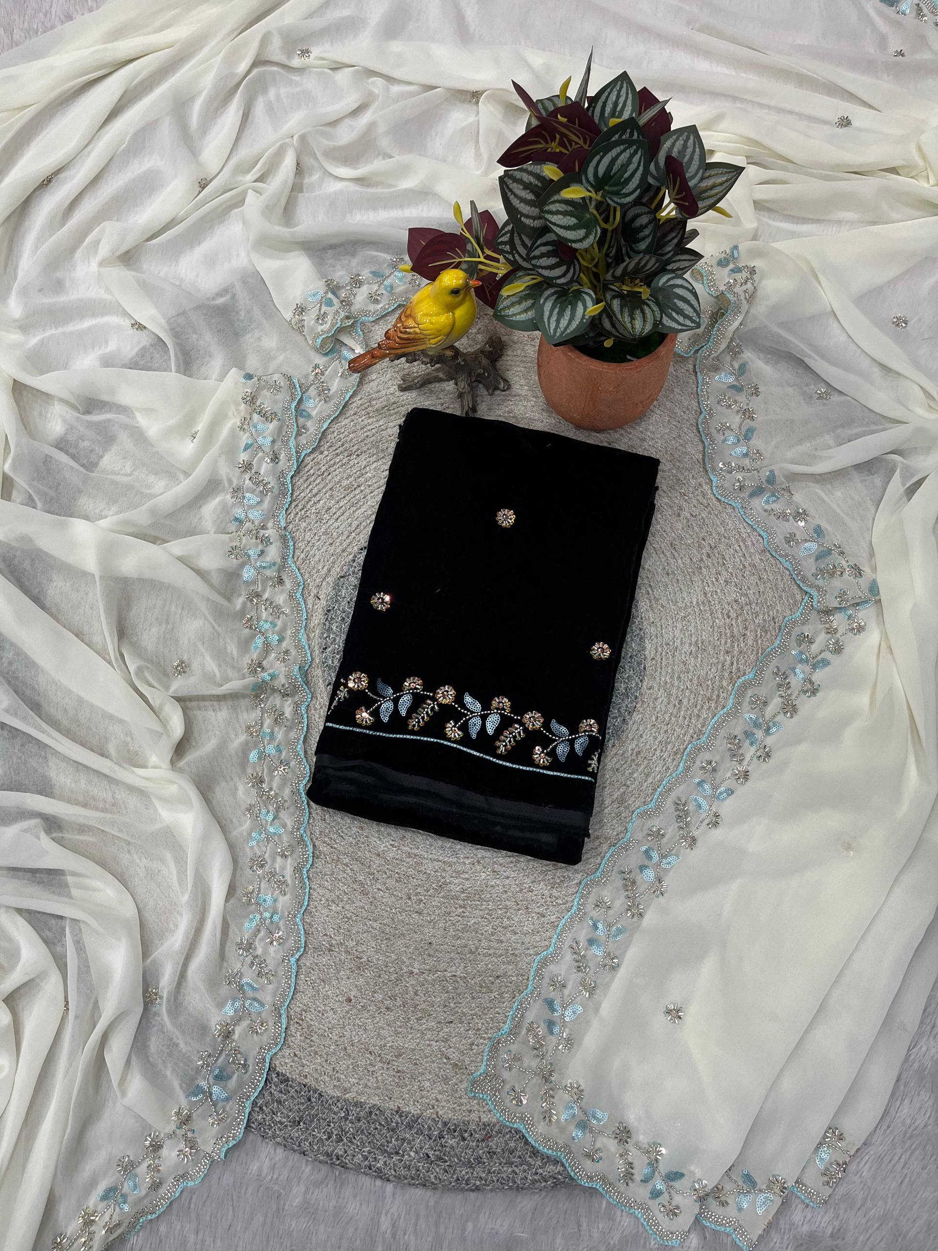 Evanik White Faux Georgette With Beads & Thread Work Saree With Unstitched Blouse | Grocsy