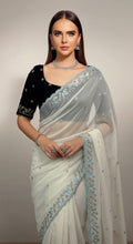 Evanik White Faux Georgette With Beads & Thread Work Saree With Unstitched Blouse | Grocsy