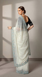 Evanik White Faux Georgette With Beads & Thread Work Saree With Unstitched Blouse | Grocsy