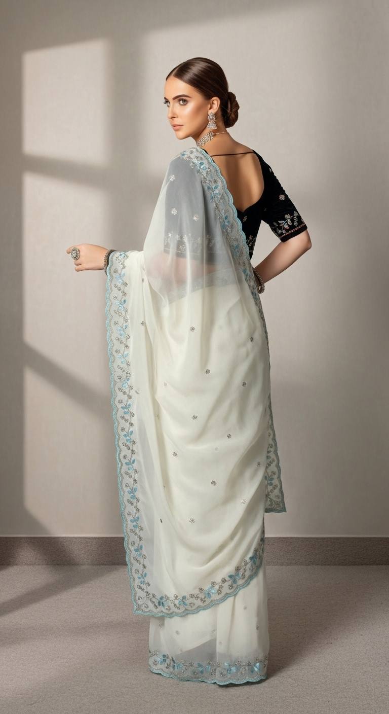 Evanik White Faux Georgette With Beads & Thread Work Saree With Unstitched Blouse | Grocsy