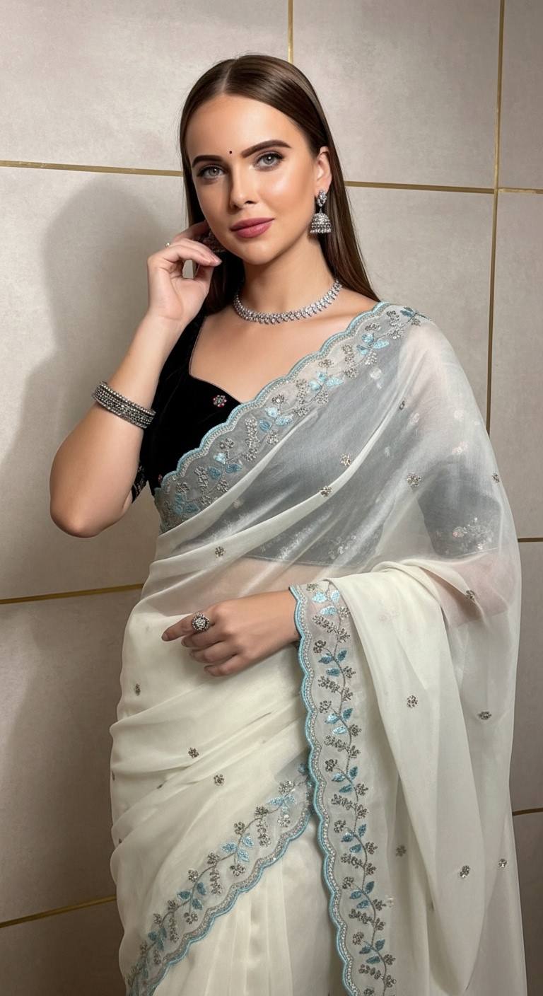 Evanik White Faux Georgette With Beads & Thread Work Saree With Unstitched Blouse | Grocsy