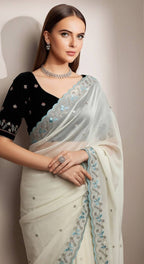 Evanik White Faux Georgette With Beads & Thread Work Saree With Unstitched Blouse | Grocsy