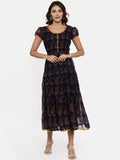 Souchii Navy Blue Printed Fit and Flare Dress | Grocsy