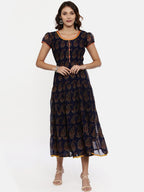 Souchii Navy Blue Printed Fit and Flare Dress | Grocsy