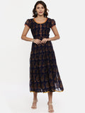 Souchii Women Navy Blue Printed Fit And Flare Dress | Grocsy