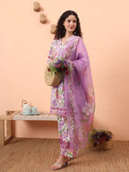 Yufta White And Purple Floral Print Lace Work A-Line Kurta Trouser Dupatta Set | Grocsy