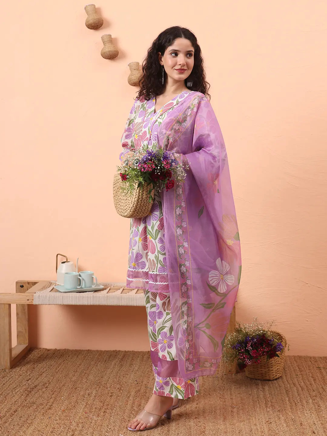 Yufta White And Purple Floral Print Lace Work A-Line Kurta Trouser Dupatta Set | Grocsy
