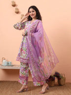 Yufta White And Purple Floral Print Lace Work A-Line Kurta Trouser Dupatta Set | Grocsy