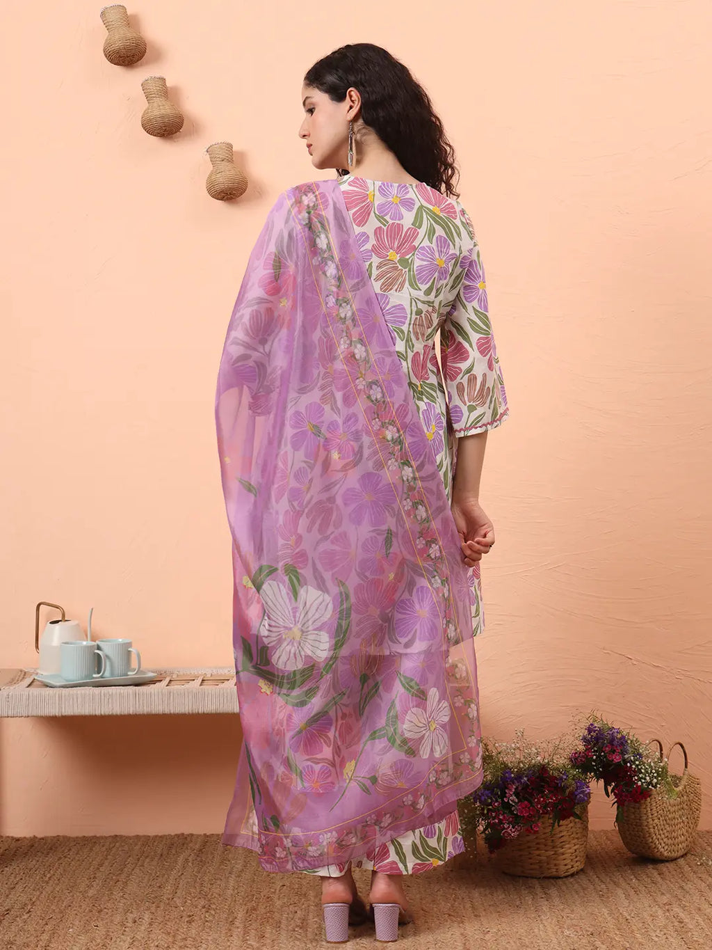 Yufta White And Purple Floral Print Lace Work A-Line Kurta Trouser Dupatta Set | Grocsy