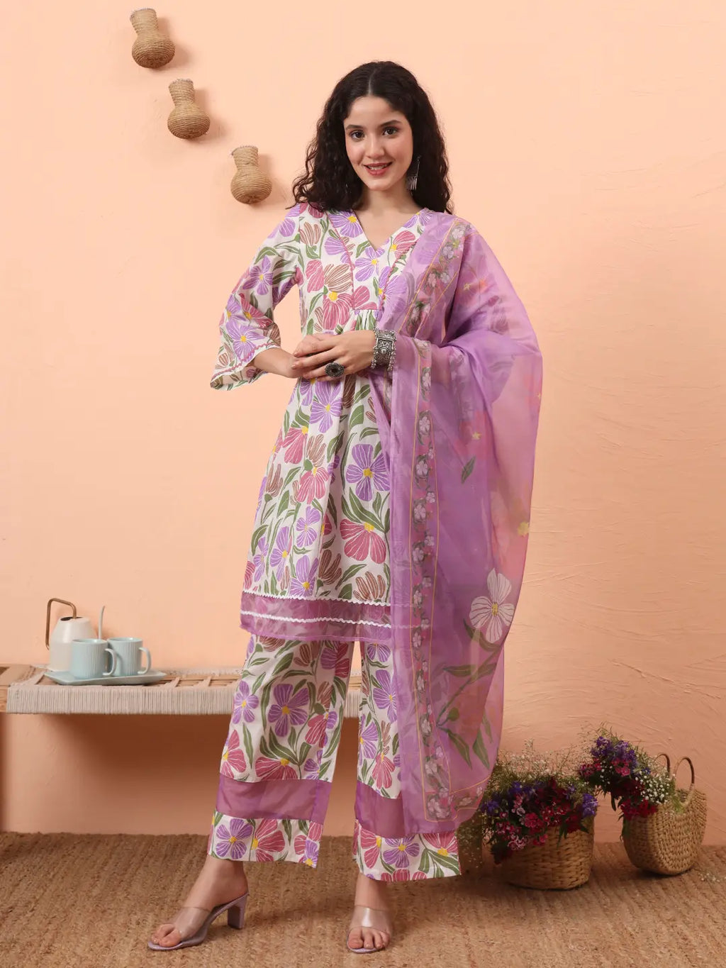 Yufta White And Purple Floral Print Lace Work A-Line Kurta Trouser Dupatta Set | Grocsy