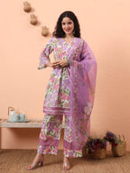 Yufta White And Purple Floral Print Lace Work A-Line Kurta Trouser Dupatta Set | Grocsy