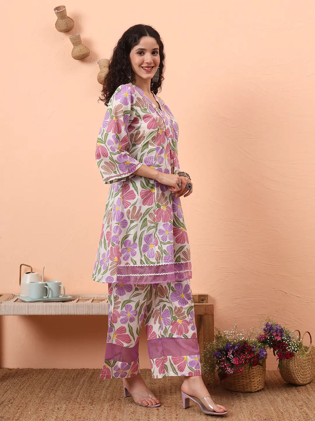 Yufta White And Purple Floral Print Lace Work A-Line Kurta Trouser Dupatta Set | Grocsy