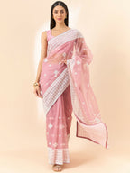 Pink Organza Geometric Embroidered Saree with Unstitched Blouse Piece - Roozal | Grocsy