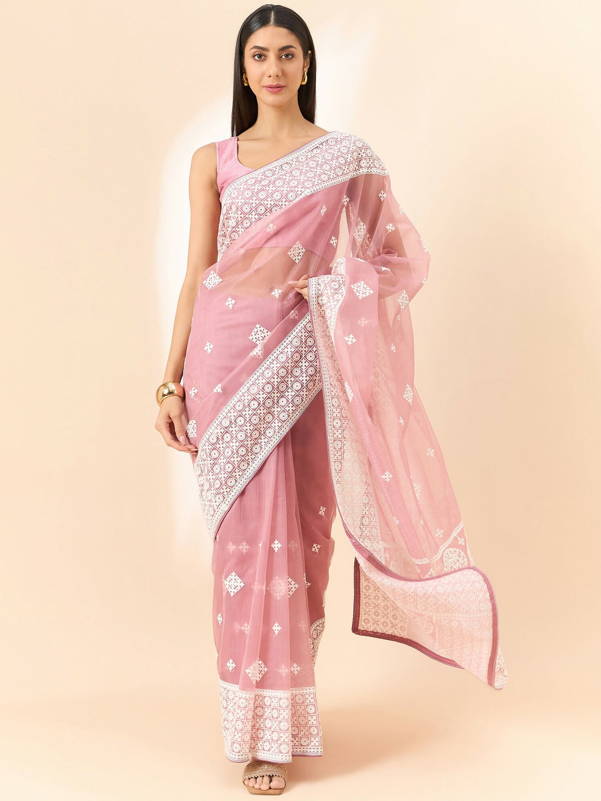 Pink Organza Geometric Embroidered Saree with Unstitched Blouse Piece - Roozal | Grocsy