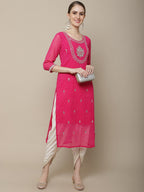 Sangria Women Pink Floral Embroidered Georgette Straight Kurta | Grocsy