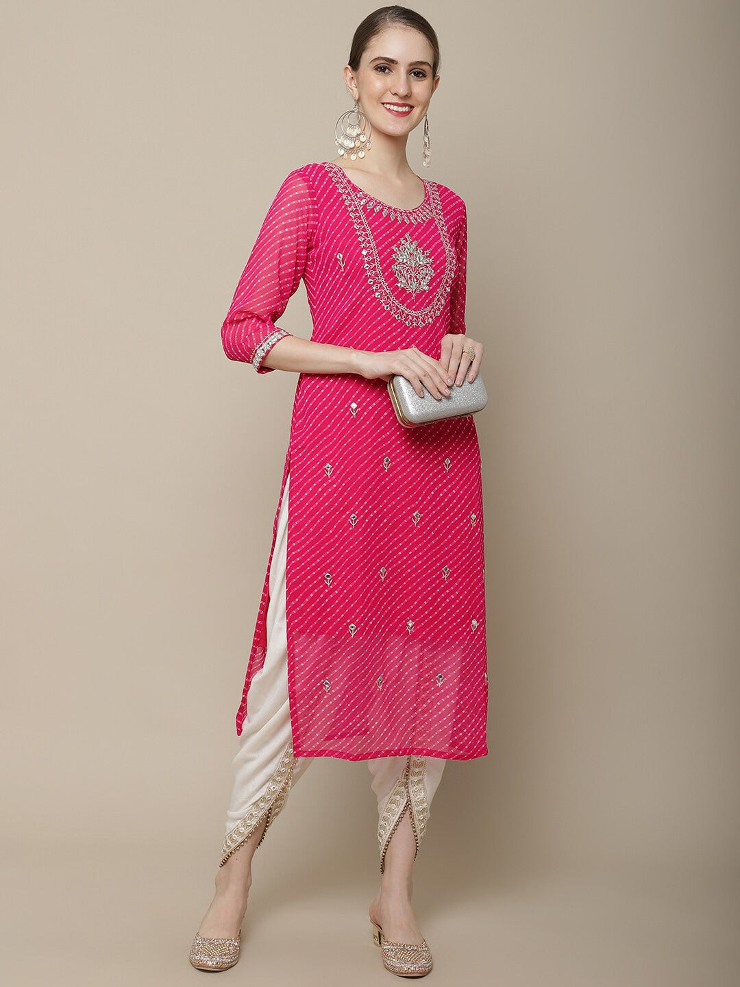 Sangria Women Pink Floral Embroidered Georgette Straight Kurta | Grocsy