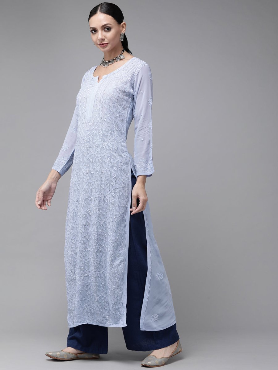 ADA Women Blue & Blue Ethnic Motifs Embroidered Chikankari Georgette Kurta | Grocsy