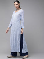 ADA Women Blue & Blue Ethnic Motifs Embroidered Chikankari Georgette Kurta | Grocsy