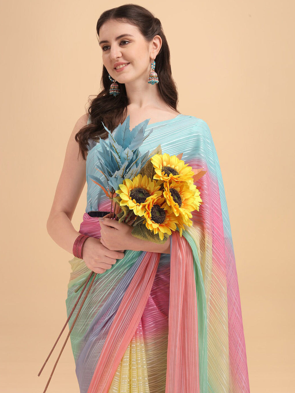 Sangria Blue & Pink Georgette Striped Zari Work Saree | Grocsy