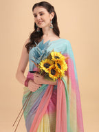 Sangria Blue & Pink Georgette Striped Zari Work Saree | Grocsy