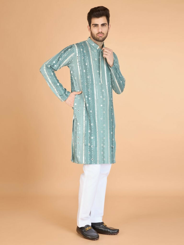 Vastranavya Pista Exclusive Festival Wear Pure Viscose Rayon Sequence & Foil Mirror Heavy Embroidered Work Kurta | Grocsy