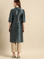 All About You Women Teal Blue Floral Block Print Mandarin Collar Chanderi Silk Blend Kurta | Grocsy