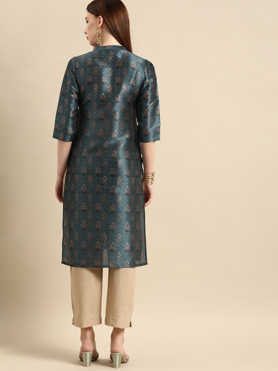 All About You Women Teal Blue Floral Block Print Mandarin Collar Chanderi Silk Blend Kurta | Grocsy