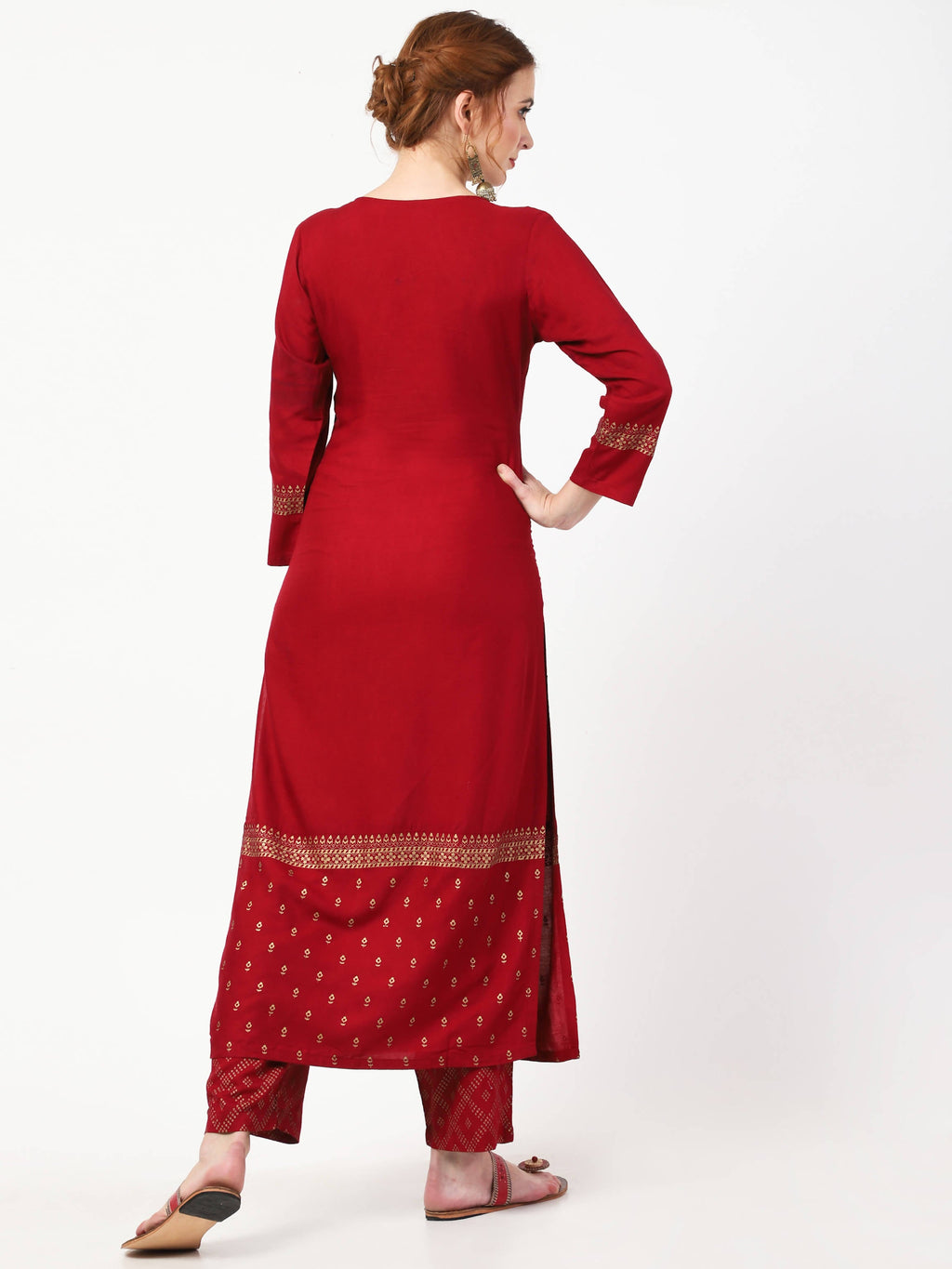 Cheera Gold Printed Maroon Kurta & Palazzo (CH-86KP) | Grocsy