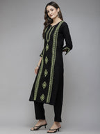 ADA Women Black & Green Ethnic Motifs Embroidered Chikankari Handloom Handloom Kurta | Grocsy