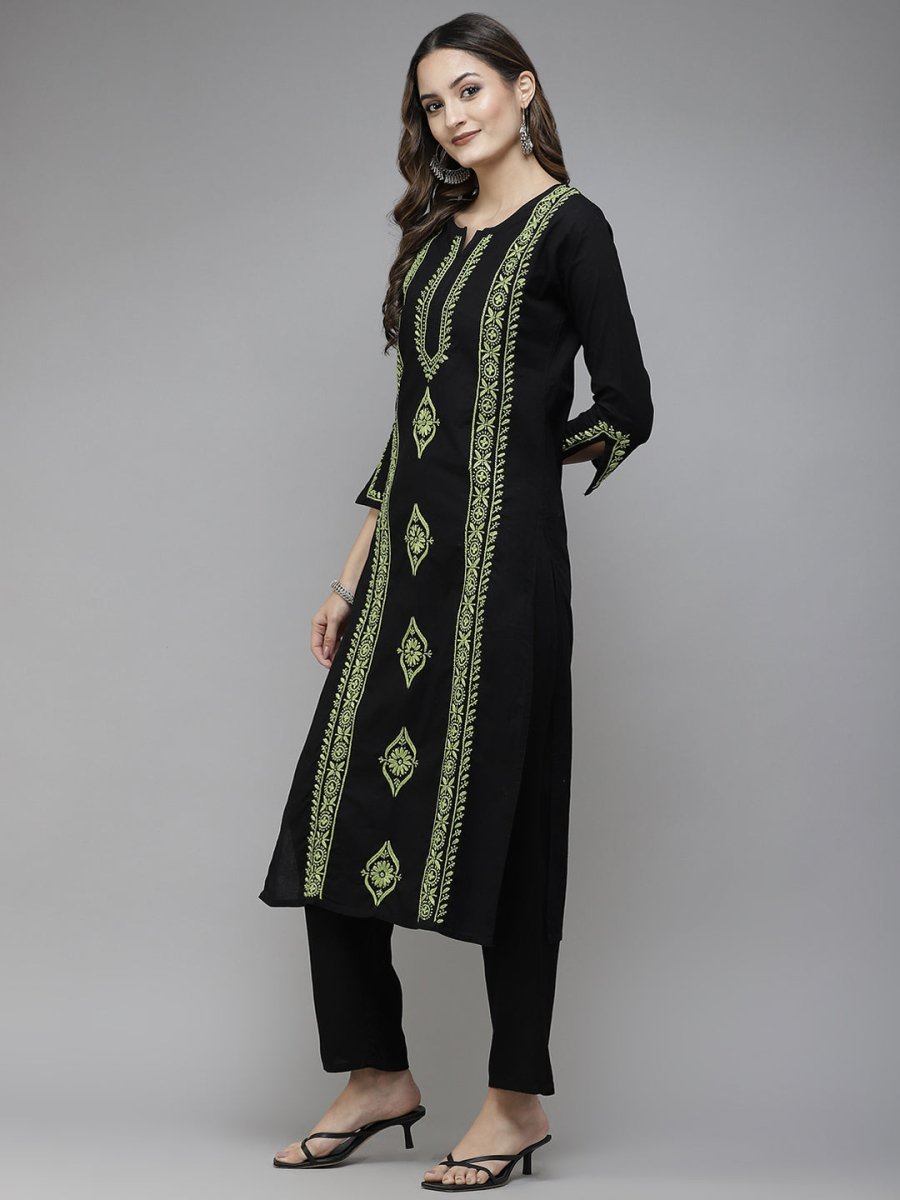 ADA Women Black & Green Ethnic Motifs Embroidered Chikankari Handloom Handloom Kurta | Grocsy