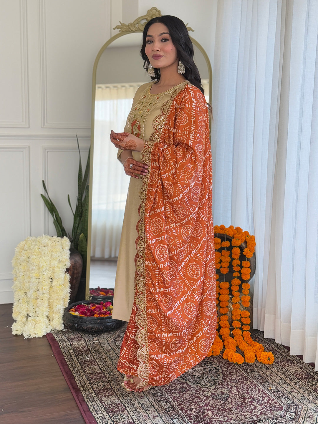 The52 Women's Chiku Embroidered Viscose Fabric Straight Kurta, Pant and Dupatta Set | Grocsy