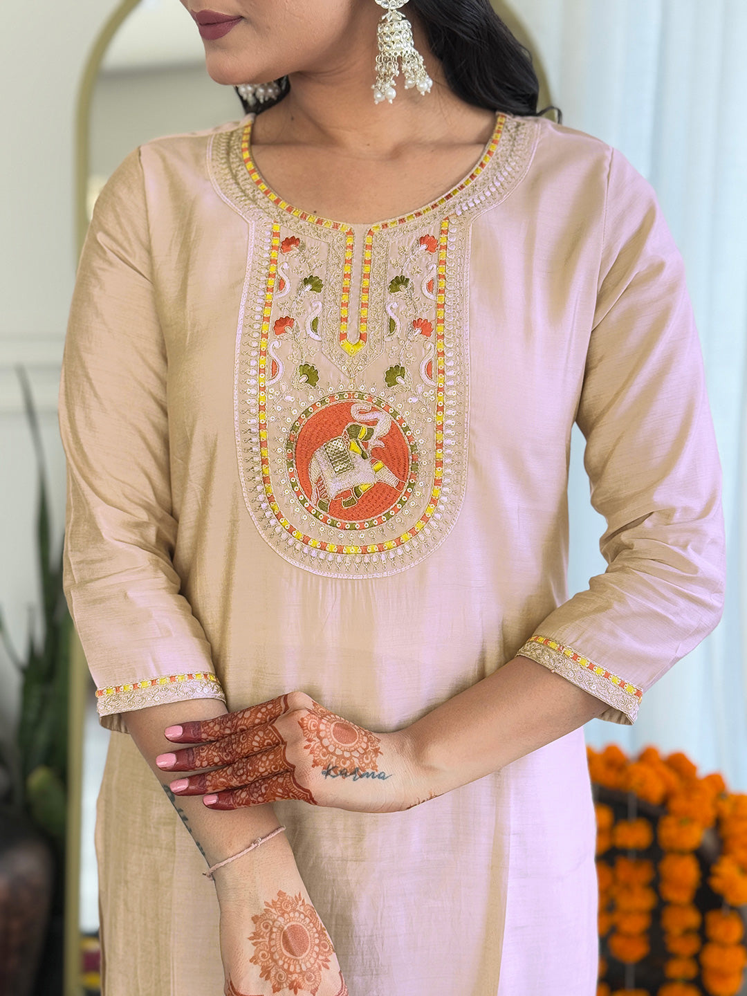 The52 Women's Chiku Embroidered Viscose Fabric Straight Kurta, Pant and Dupatta Set | Grocsy