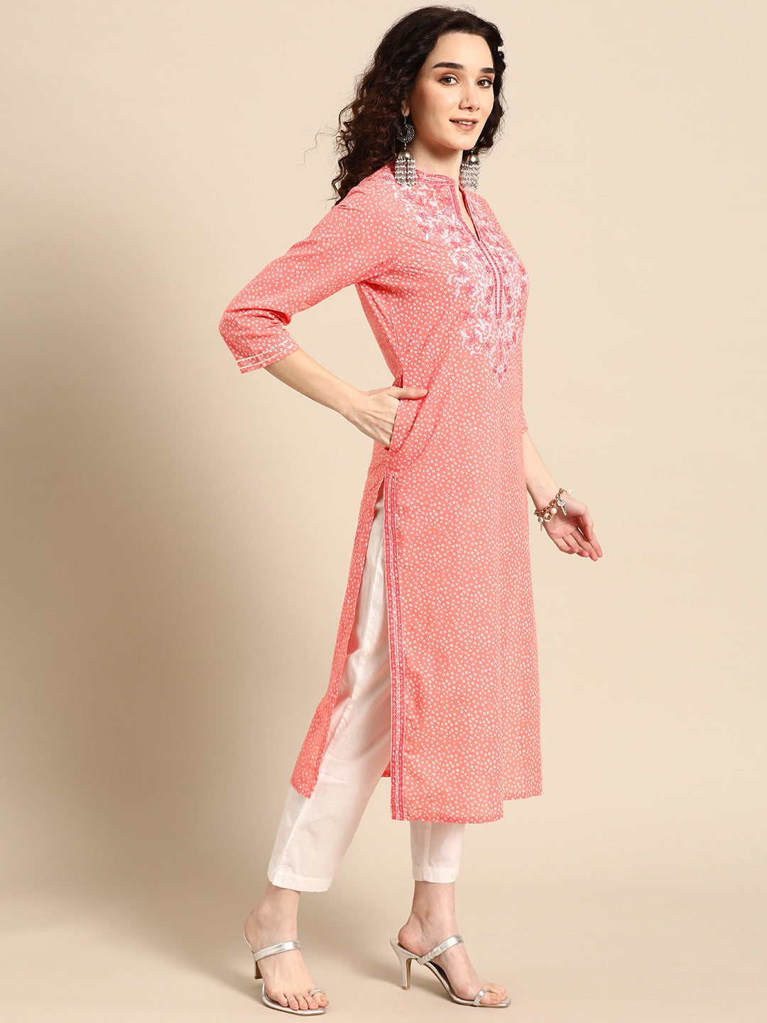 Sangria Women Pink Bandhani Printed Thread Work Pastels Kurta | Grocsy
