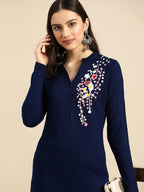 Sangria Women Navy Blue & White Floral Acrylic Straight Winter Kurta | Grocsy
