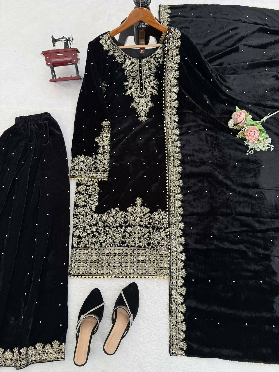Vastranavya Black Viscose Velvet Cording Sequence With Moti Work Top-Bottom With Dupatta | Grocsy