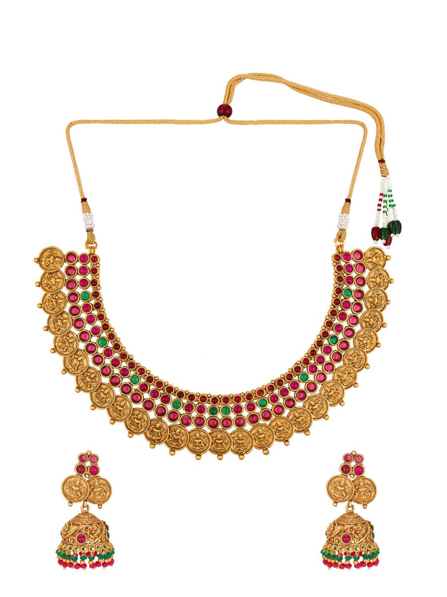 Aadita Gold-Polished & Pink Stone Studded Handcrafted Jewellery Set | Grocsy