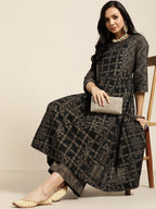 Sangria Women Black & Golden Ethnic Motifs Printed Pure Cotton Kurta with Palazzos | Grocsy