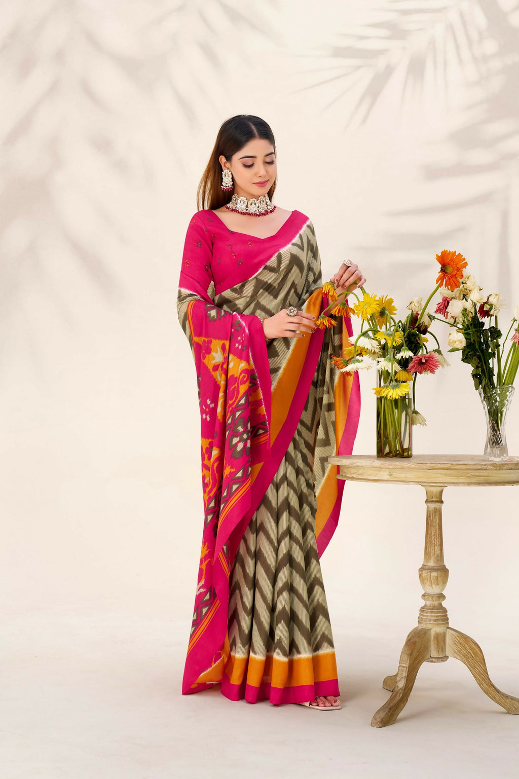 Vastranavya Mehendi Tussar Silk Zigzag Waves Printed Saree with Unstitched Blouse | Grocsy