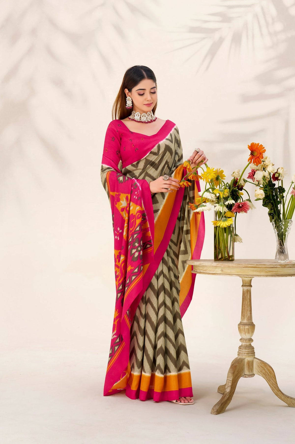 Vastranavya Mehendi Tussar Silk Zigzag Waves Printed Saree with Unstitched Blouse | Grocsy