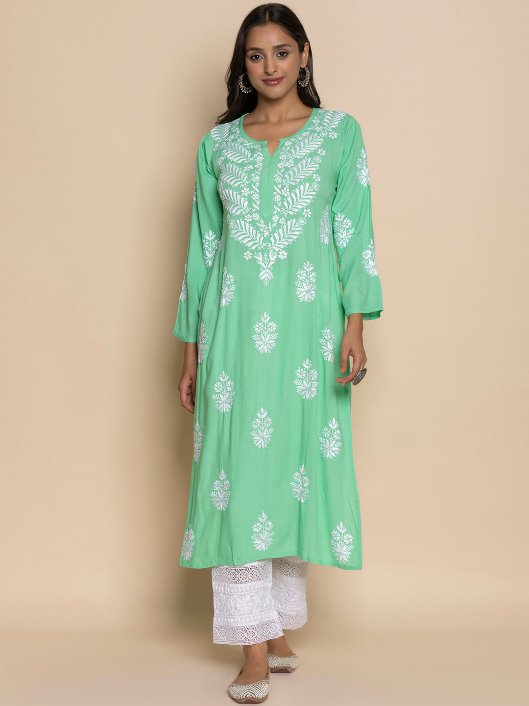 HOUSE OF KARI Floral Embroidered Chikankari A-Line Kurta | Grocsy