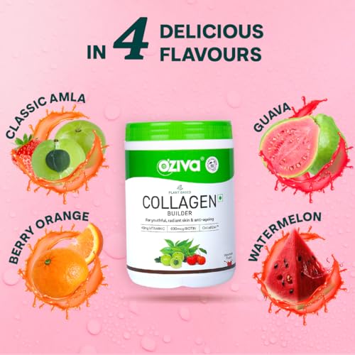 OZiva Vegan Collagen (Watermelon) with Biotin & Vitamin C For Brighter & Youthful Skin | Collagen Supplement For Women & Men | Plant Based Powder | Certified Vegan 125g + Shaker | Grocsy