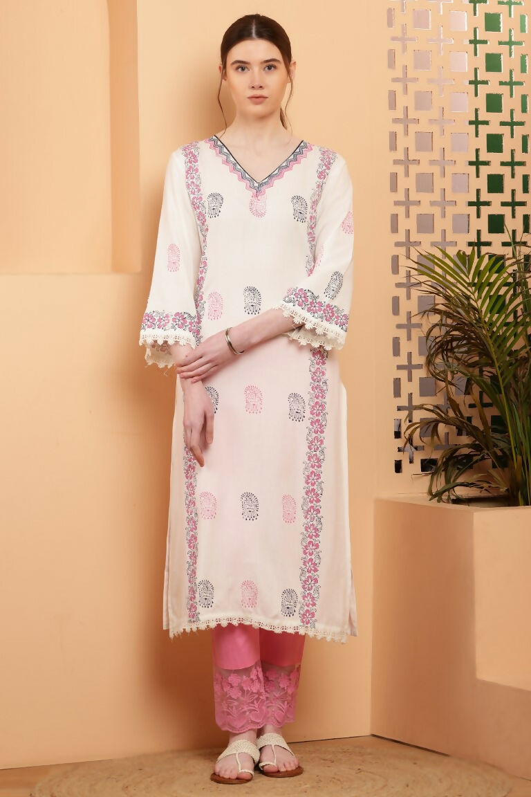 Cheera Women Stylish Hand Block Printed Cotton Blend Flared Kurta - Off White | Grocsy