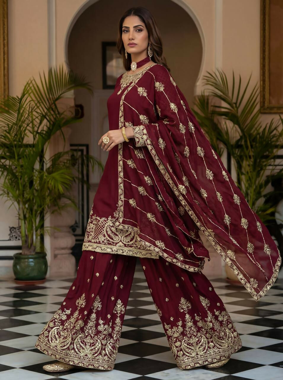 Joban Fashion Maroon Silk Embroidered Sharara Set | Grocsy