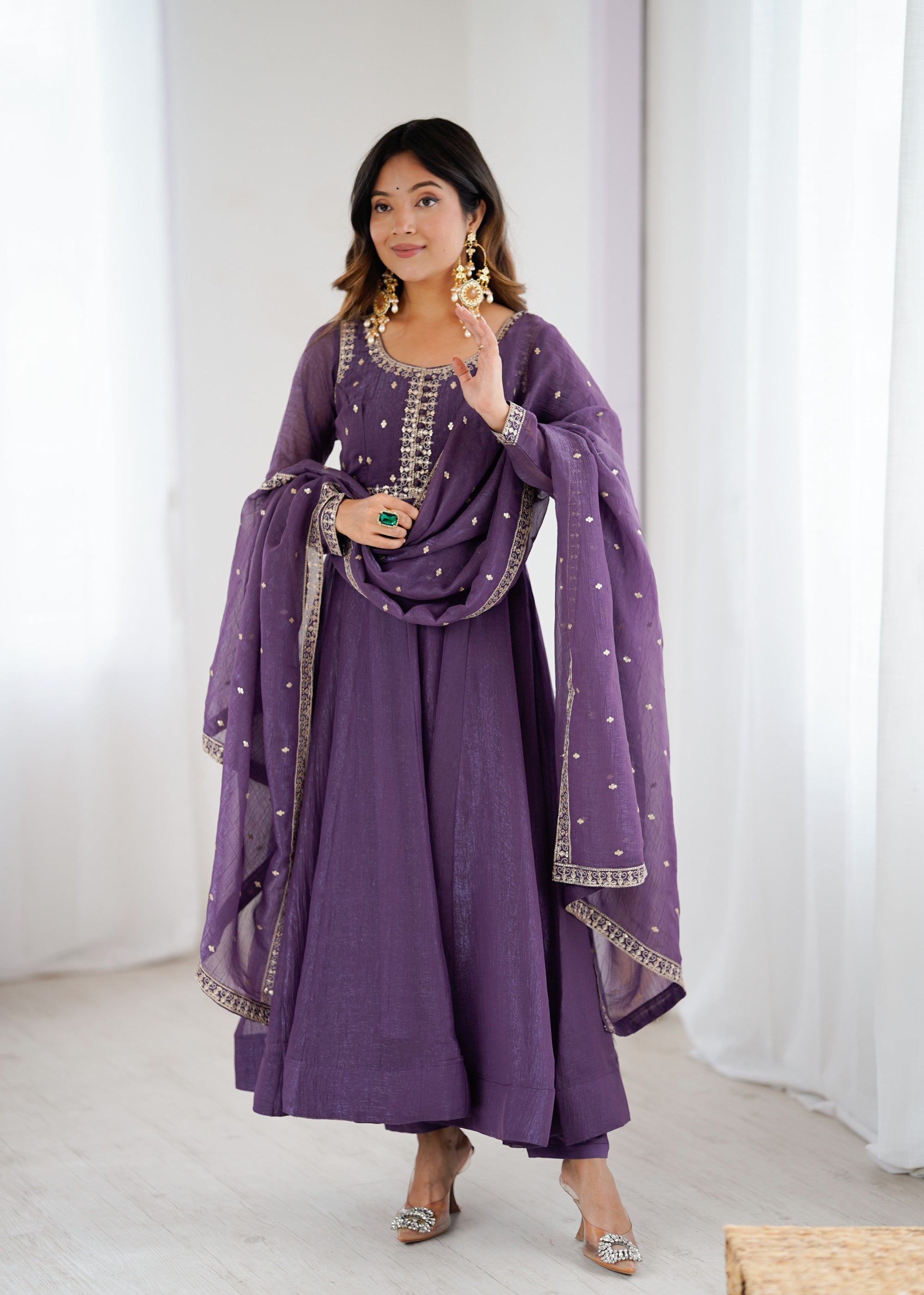 Lorenvalley Fashion Lavender Pure Crunchy Silk Embroidery Sequence Dori and zari Work Anarkali Gown Pant with Dupatta Set | Grocsy