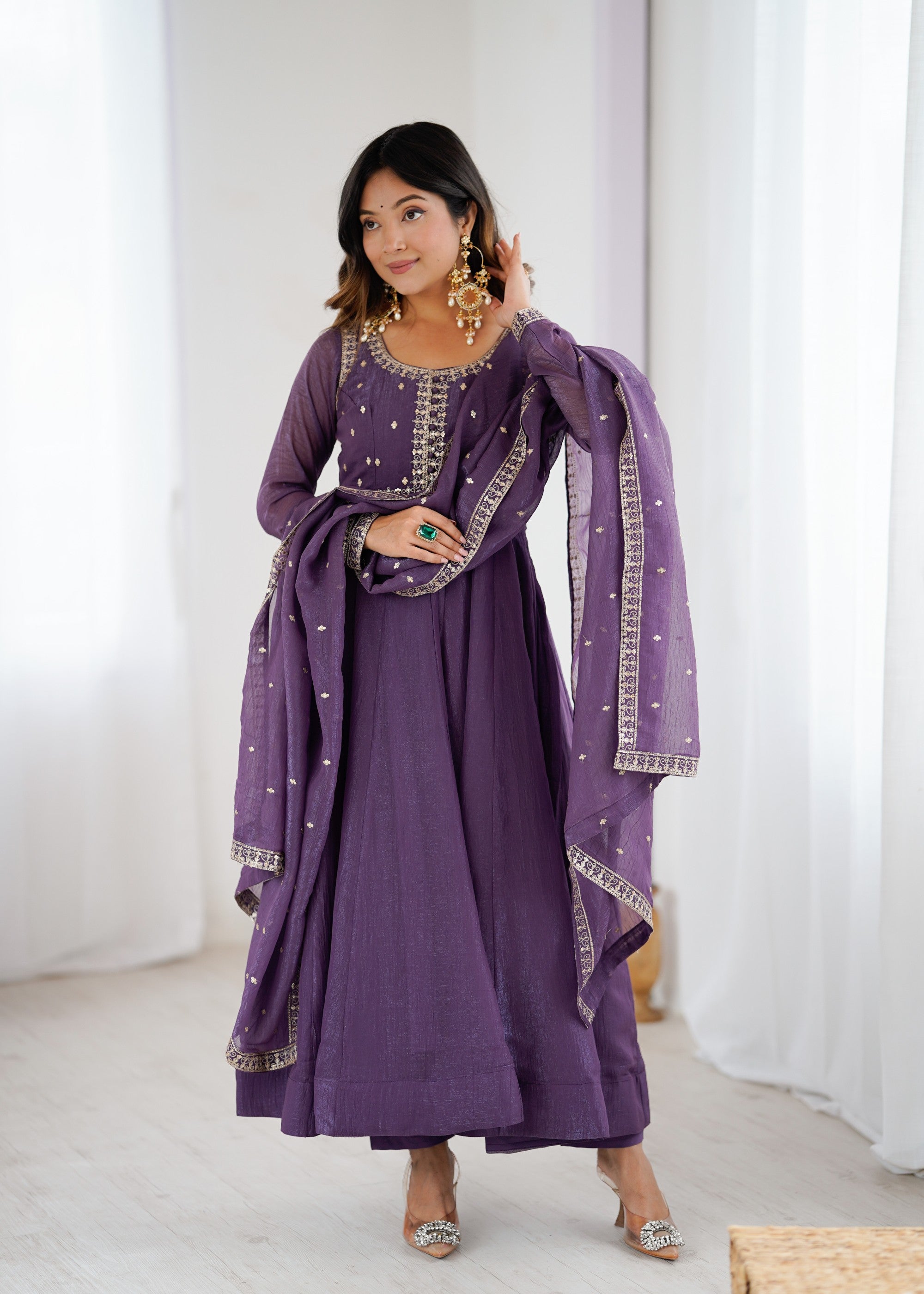 Lorenvalley Fashion Lavender Pure Crunchy Silk Embroidery Sequence Dori and zari Work Anarkali Gown Pant with Dupatta Set | Grocsy