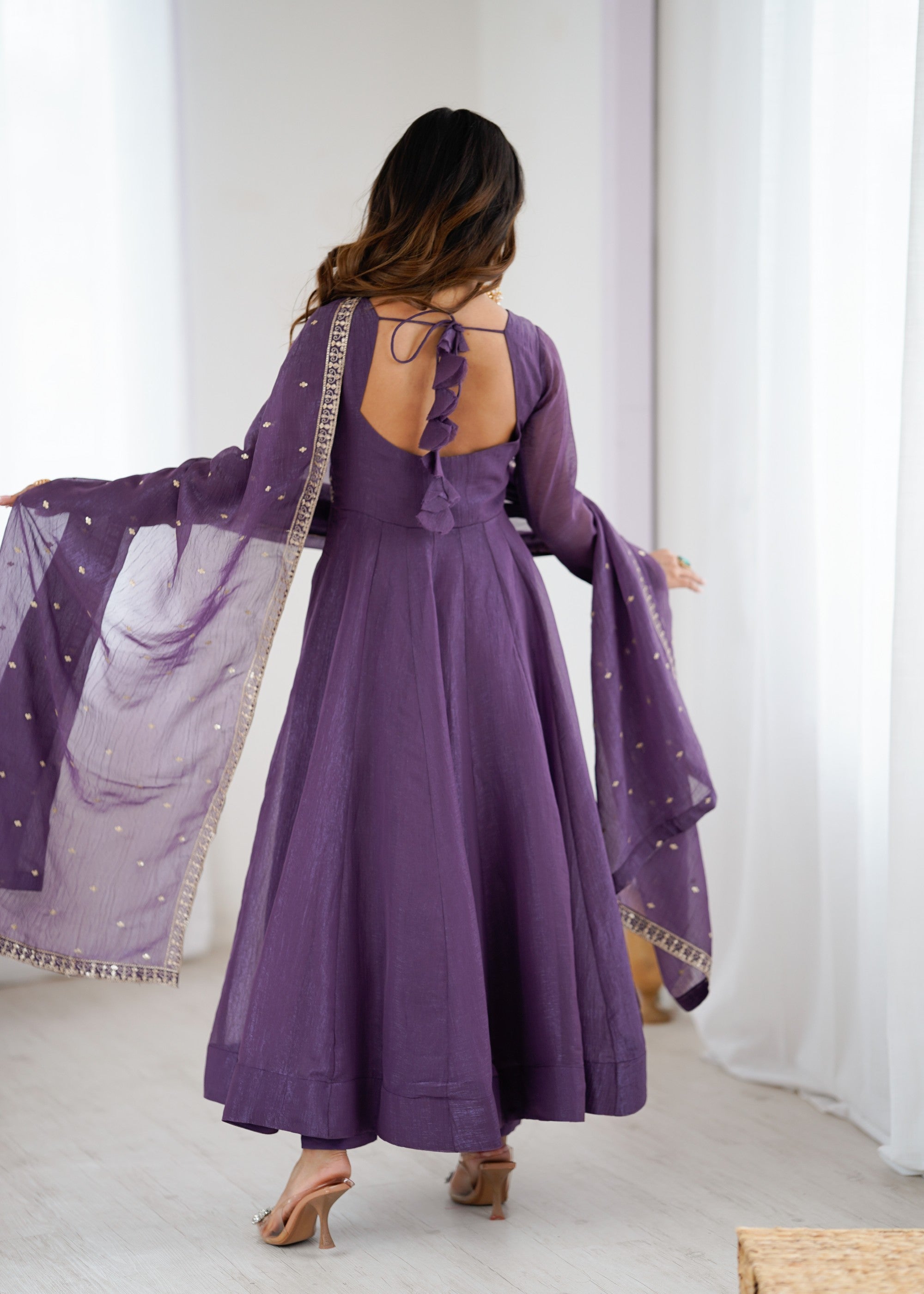 Lorenvalley Fashion Lavender Pure Crunchy Silk Embroidery Sequence Dori and zari Work Anarkali Gown Pant with Dupatta Set | Grocsy