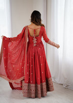 Lorenvalley Fashion Rust Crunchy Silk Embroidery Jari and Sequence Work Anarkali Gown with Dupatta | Grocsy